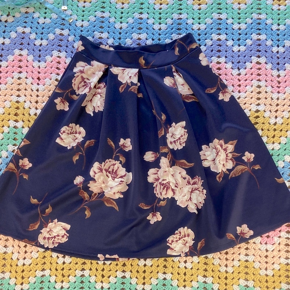 Floral Roses Navy Midi Full Skirt Haute Monde XLarge XL Box Pleat Pleated - Picture 9 of 12
